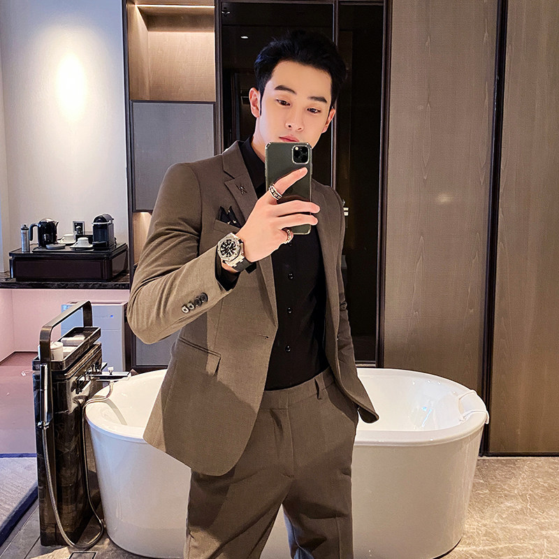 2021 summer suit men's suit Ruffian handsome youth casual small suit jacket Korean version of the trend slim two-piece suit
