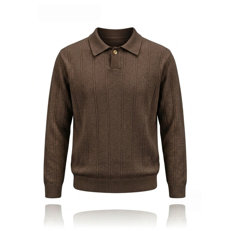 New Men's Vertical Striped Polo Knit Sweater in Gentle Coffee Color with a Turn-Down Collar, Long Sleeves, Versatile, Light Mature Style, Commuter Sweater New Men's Vertical Striped Polo Knit Sweater in Gentle Coffee Color with a Turn-Down Collar, Long Sleeves, Versatile, Light Mature Style, Commuter Sweater