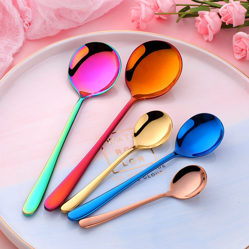 Stainless steel spoon creative cute household eating colorful gold children small spoon red Korean long handle spoon