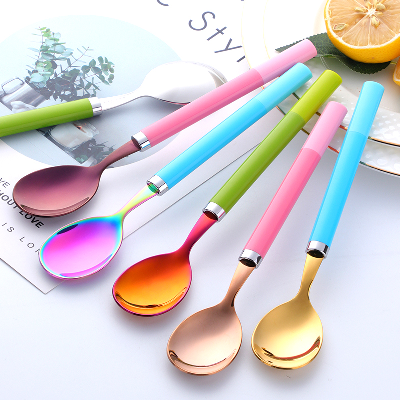 304 Stainless Steel Spoon Creative Insert Handle Bicolor Korean Spoon Cute Student Child Mix food spoon