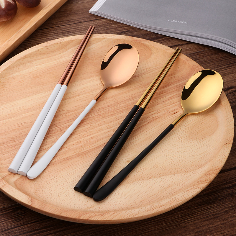 304 stainless steel hollow spoon chopstick Korean-style creative half black white upscale home cutlery set