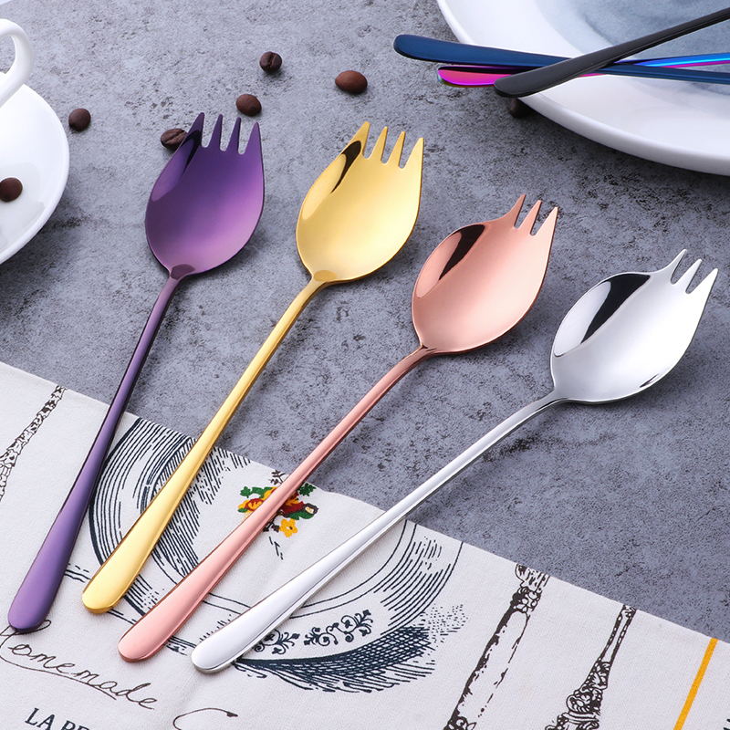 304 stainless steel fork spoon integrated with titanium spoon fork Dual-purpose foam face fork salad fork Noodle Fork Spoon Fork
