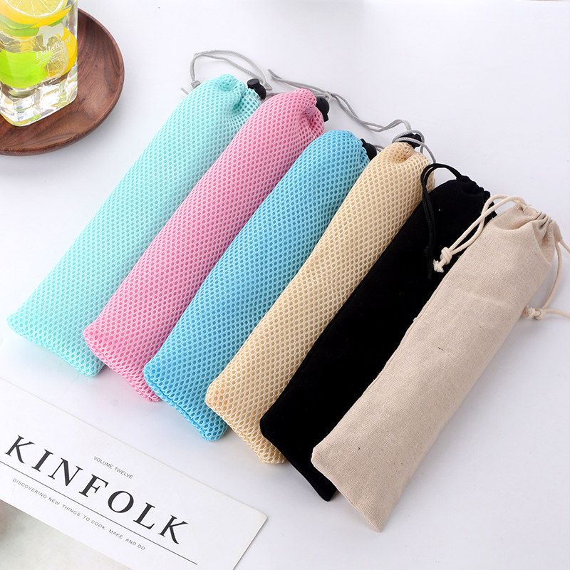 Stainless steel tableware straw portable bag Cotton and linen tableware bundle elastic storage bag Tableware storage cloth cover