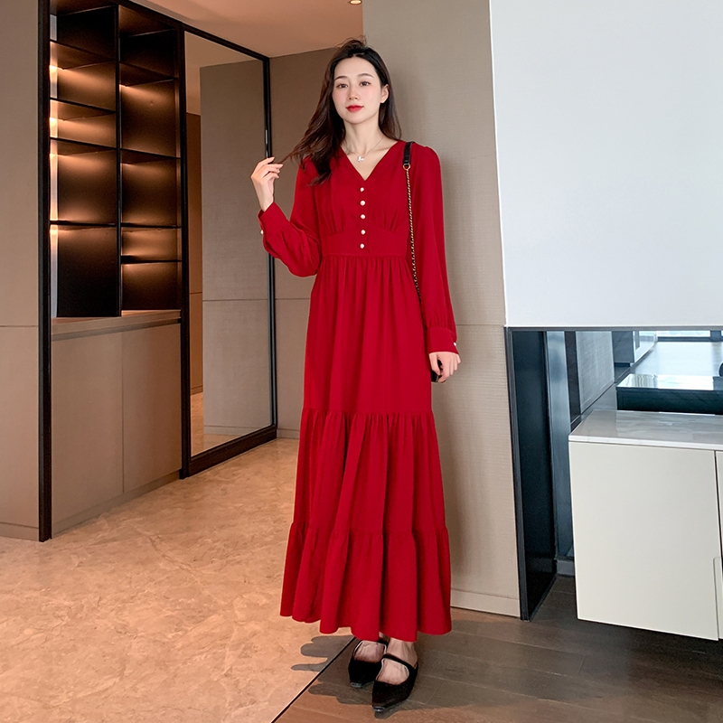 Plus-Size Red Dress for Women, New Spring Style, High-End Long-Sleeved Elegant Dress, Long Ankle-Length Dress, Stylish for Slightly Chubby Figures Plus-Size Red Dress for Women, New Spring Style, High-End Long-Sleeved Elegant Dress, Long Ankle-Length Dress, Stylish for Slightly Chubby Figures