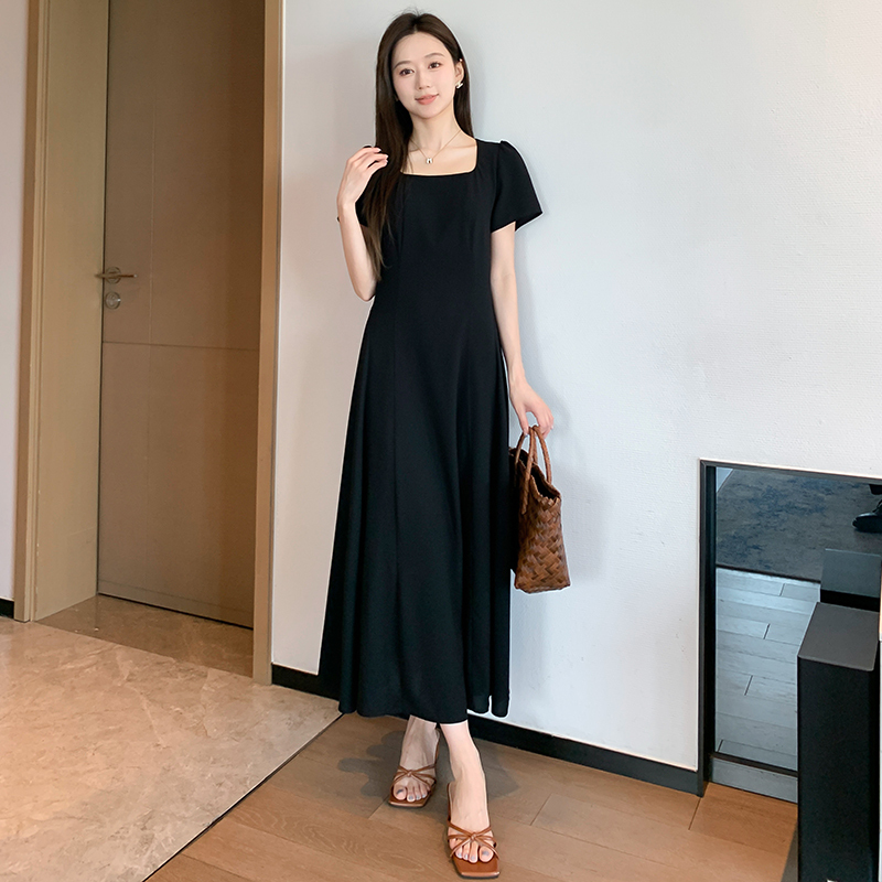 Plus Size Dress for Women, New Summer Style, French Black Chiffon Dress, High-End Long Style, Waist-Cinching, Adjustable Length, Short-Sleeved Long Dress