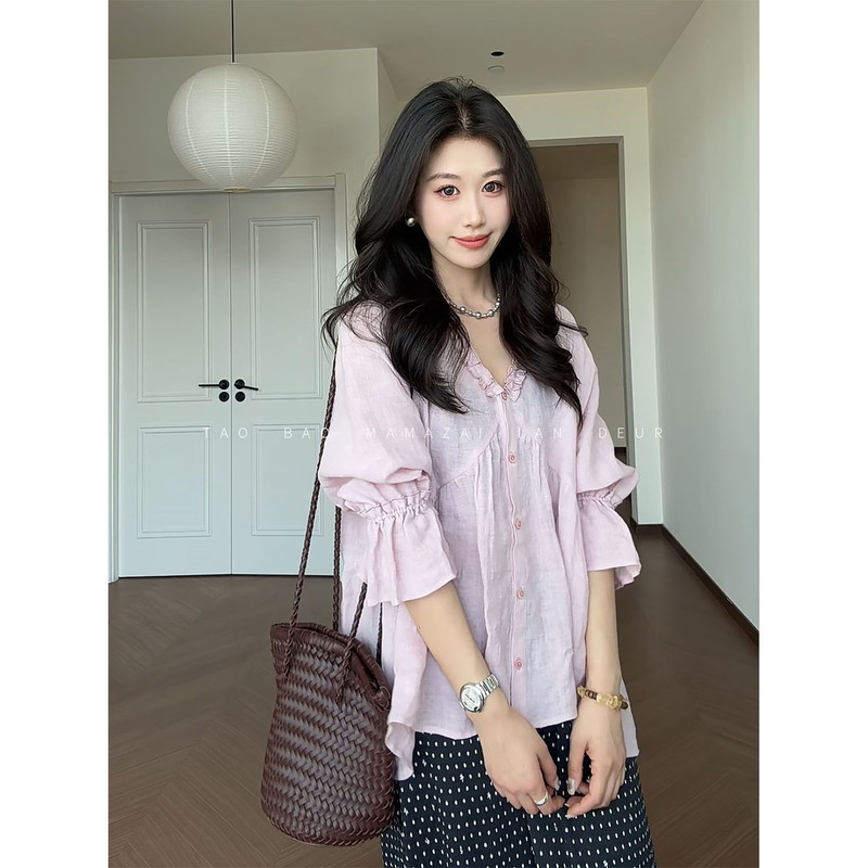 Mama Zai [Xingmanli] 100% Linen Korean Style Gentle and Elegant V-Neck Slimming Versatile Shirt Top for Women