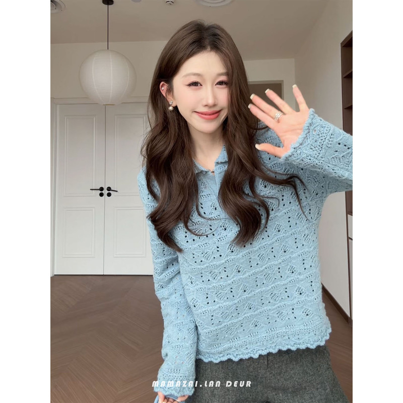 Mama Zai [Evening Mist Love] Sheep Wool New Fashion Retro Hollow Out Lapel Casual Long Sleeve Knit Sweater