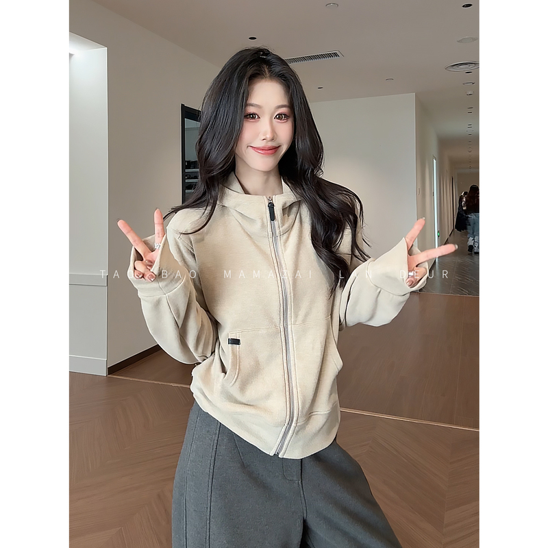 Mama Zai [Oak Poetry] Versatile Retro Dark Hooded Soft Casual Style Autumn Cardigan Zipper Hood