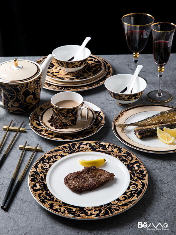Bosan Light Luxury Style Unicorn Western-Style Ceramic Plate with Gold Rim, Steak Plate, Knife and Fork, Household Round Tableware Set