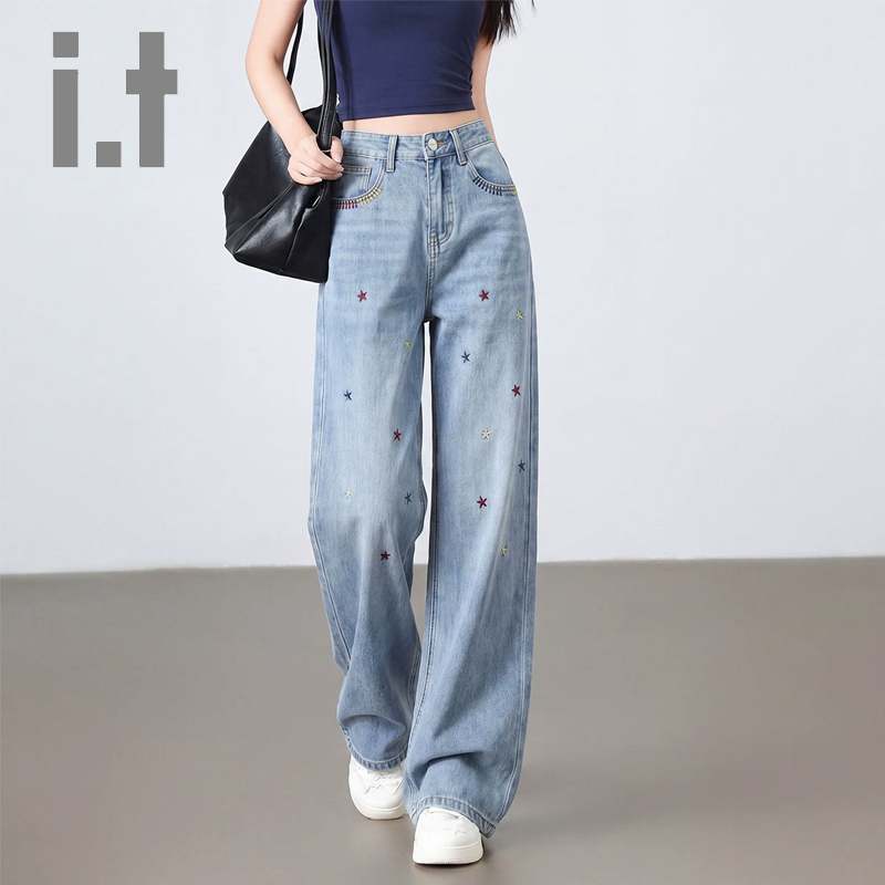 It:Chocoolate Five-Pointed Star Embroidered Loose Jeans for Women, Slightly Elastic High-Waisted Casual Spring Pants It:Chocoolate Five-Pointed Star Embroidered Loose Jeans for Women, Slightly Elastic High-Waisted Casual Spring Pants