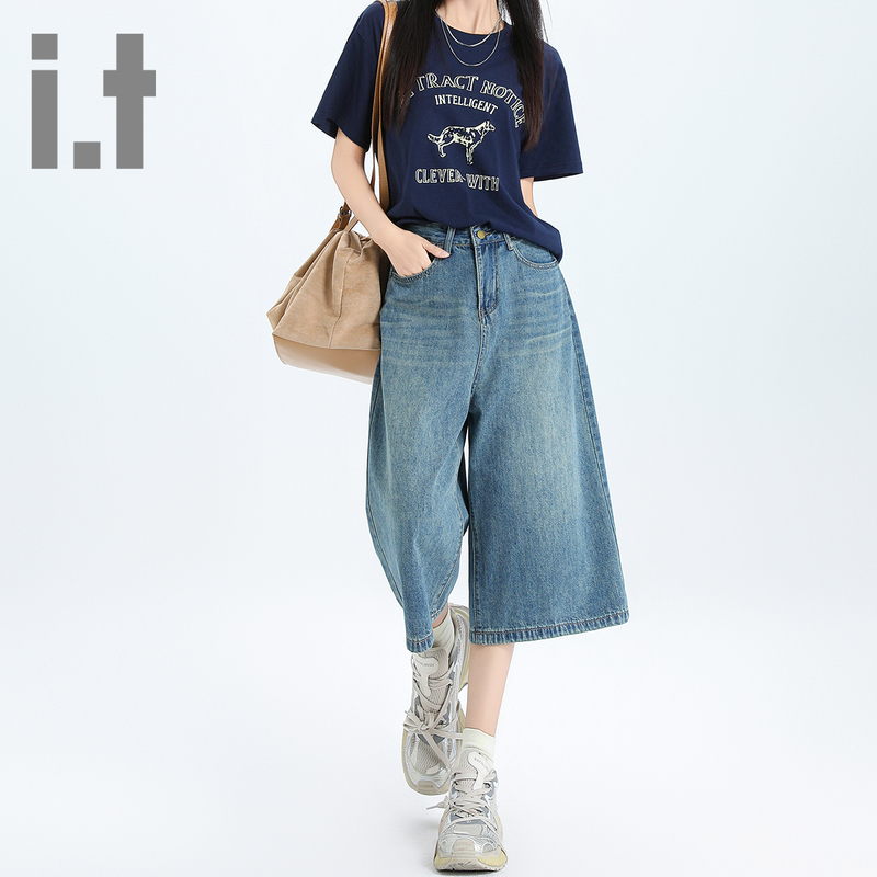 Chocoolate Retro American-Style High-Waisted Loose-Fitting Cropped Jeans Summer Wide-Leg Slimming Trendy Pants