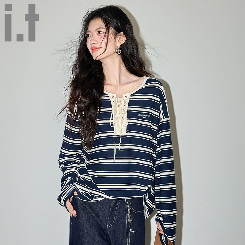 It:Chocoolate Striped Patchwork Long-Sleeve T-Shirt for Women, Spring and Autumn Drawstring Tie Loose Korean Style Color-Block Top It:Chocoolate Striped Patchwork Long-Sleeve T-Shirt for Women, Spring and Autumn Drawstring Tie Loose Korean Style Color-Block Top