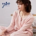yso pijama phụ nữ mùa xuân và mùa thu dịch vụ tại nhà cotton phù hợp với mùa thu phụ nữ pyjamas cổ chữ V thắt lưng phục vụ tại nhà phụ nữ - Bên ngoài ăn mặc