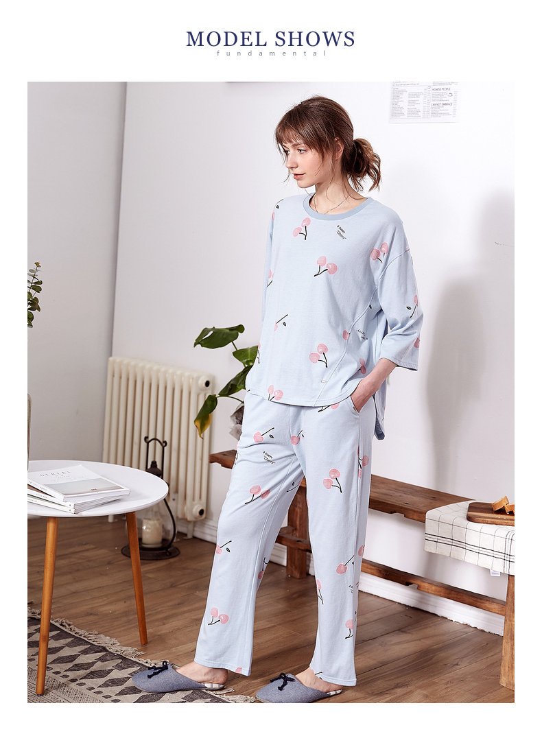Yso mùa xuân và mùa thu đồ ngủ của phụ nữ quần dài tay cotton phù hợp với phụ nữ đầy hoa in hoa anh đào phục vụ nhà giản dị đồ bộ pijama