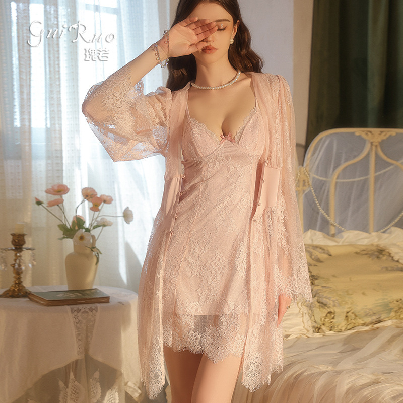 Gorgeous Sexy Deep V-Neck Lace Nightgown with Padded Underwire, Slim Fit, Waist-Cinching, Buttoned Outer Robe, Loungewear