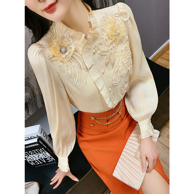 2023 apricot color intarsia high-end shirt shirt spring new goddess fan top all-match women