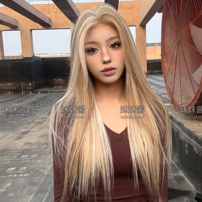 Gradient Dirty Platinum Blonde Lace Front European and American Style High-Temperature Fiber Full Head Wig Realistic Brightening Natural Full Head Long Straight Hair