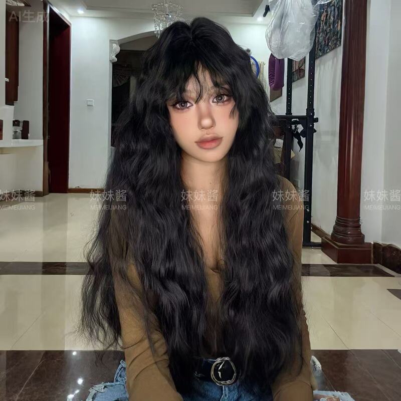 【Sister Jiang】Wavy Curly Wig Full Head Set American High-Temperature Fiber Black European and American Style Atmosphere Full Wig