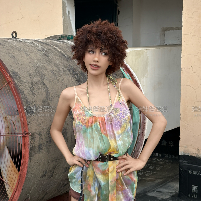 American-Style Afro Wig for Women, Short Black Curly Hair, European and American Style, Women's Corn Perm, Latin American Curls, Brown Full Wig