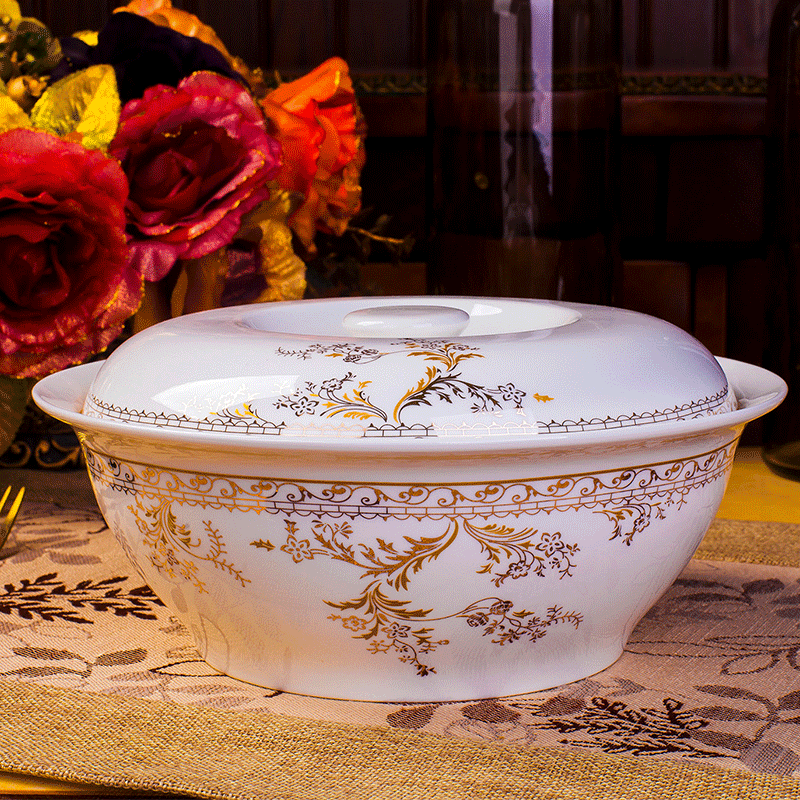 Jingdezhen 9 inches with cover round ceramic soup basin ceramic tableware creative large - sized domestic large bowl of soup bowl of soup pot