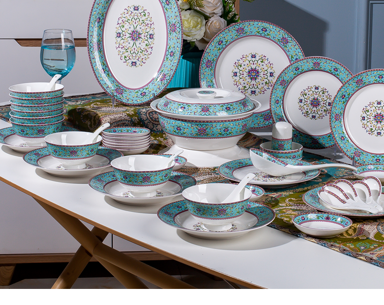 Jingdezhen ceramic tableware suit American dishes suit household bowls of ipads plate of Chinese famille rose 56 head is small