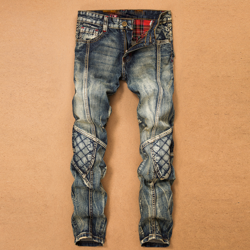 Trendy Men's Jeans Slim Fit Japanese Retro Spring and Autumn Non-Mainstream Patchwork Biker Style Versatile Long Pants Nightclub