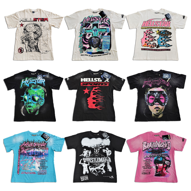 Hellstar Pattern Printed Short-Sleeved T-Shirt Cross-Border European and American Street Poster Flame Y2K Unisex Loose Half-Sleeve