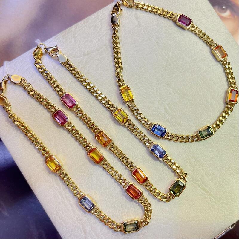Rainbow Sapphire Bracelet with 18K Gold Inlay and Natural Sapphires in Gradient Colors, Rainbow-Colored Cuban Chain
