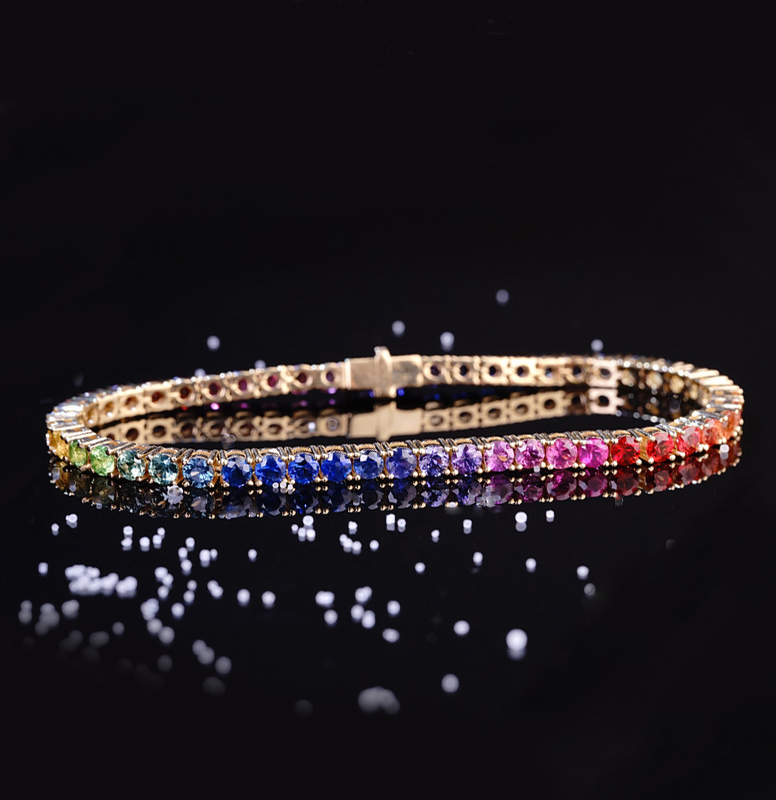 Rainbow Natural Sapphire Bracelet for Women 18K Gold Inlaid with Colorful Gradient Rainbow-Colored Rose Gold Bracelet