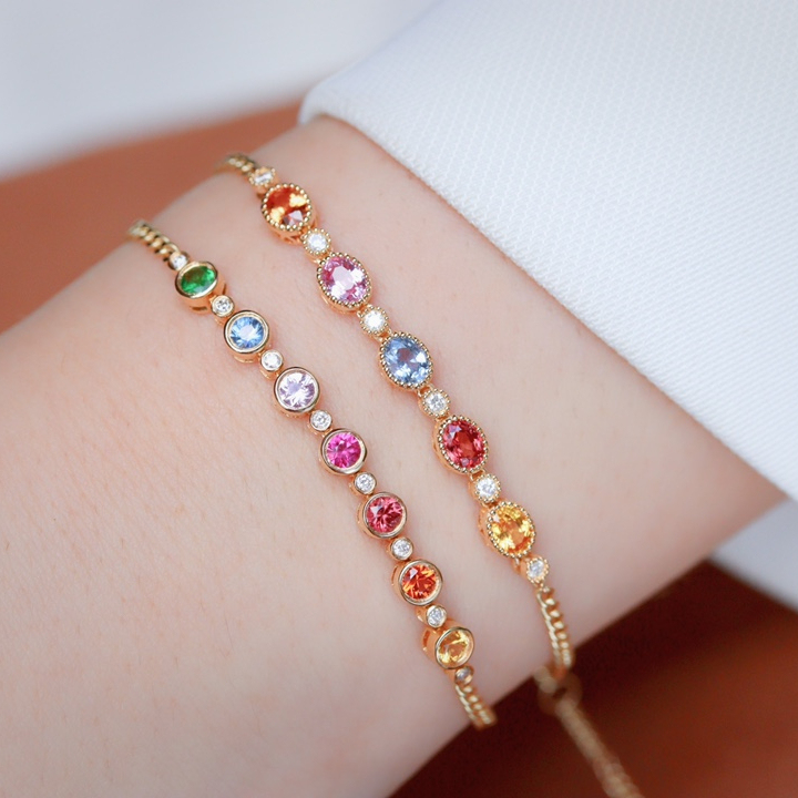 Rainbow Sapphire Bracelet for Women, 18K Gold Colorful Gradient Natural Sapphire, Rainbow Colored Gemstone Bracelet