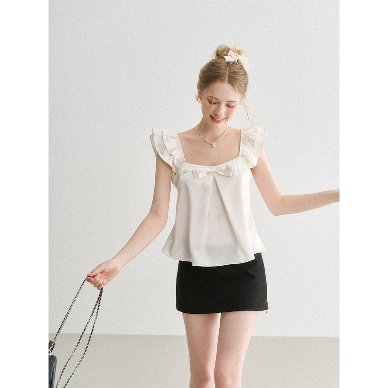 Sea Salt Sugar Yuju Original High-End French Satin Bow Flutter Sleeve Shirt Women's Summer Loose Top Sea Salt Sugar Yuju Original High-End French Satin Bow Flutter Sleeve Shirt Women's Summer Loose Top