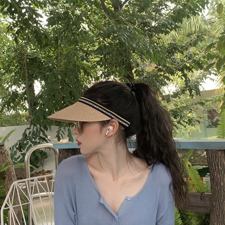 Japan high-end summer letter visor hat women's empty top straw hat travel cap no top hairband sun hat tide