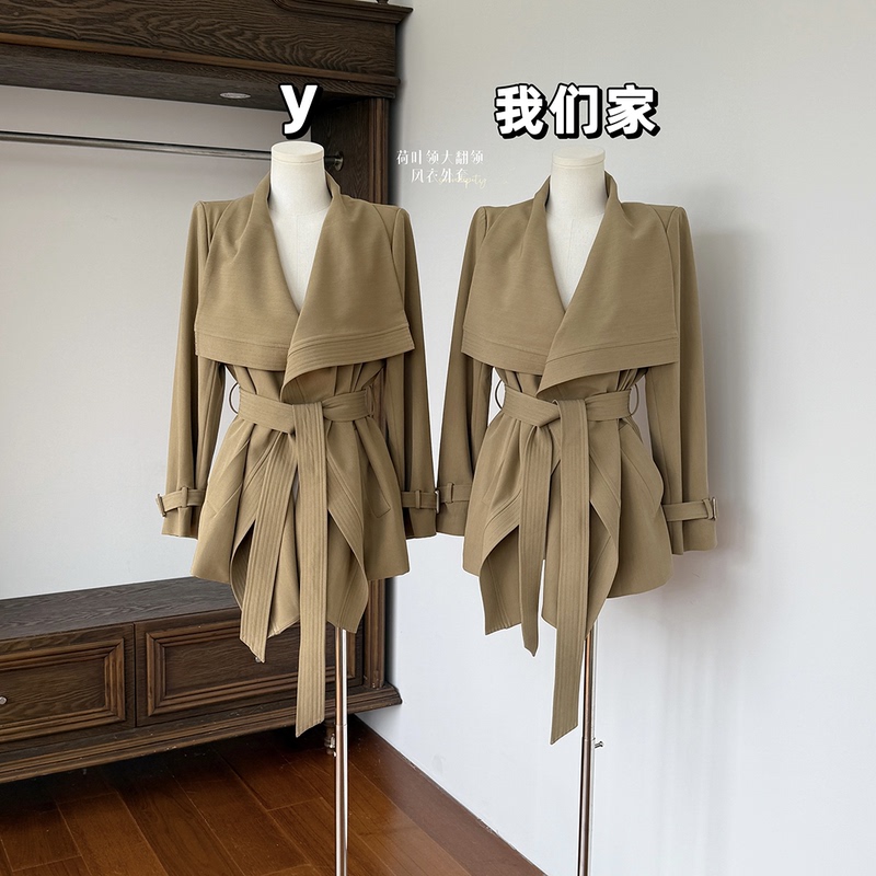 Jiuyuewu Beichuan Jingzi Vintage Trench Coat, Ruffled Collar Short Large Lapel Trench Coat, Stylish Coat