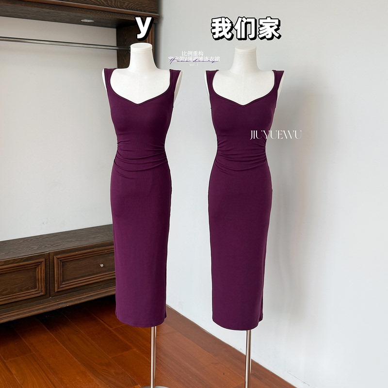 September Five Proportional Reconstruction Purple Wide Strap V-Neck Pleated Dress Women's Spring/Summer Bodycon Long Dress September Five Proportional Reconstruction Purple Wide Strap V-Neck Pleated Dress Women's Spring/Summer Bodycon Long Dress
