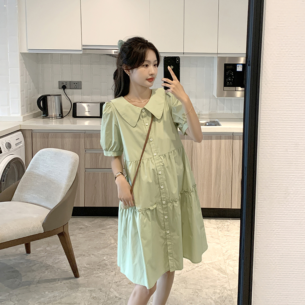 Fugitive princess ~ gestational woman with summer turned collar foreign dress pure cotton out for a long version of shirt A-character dress