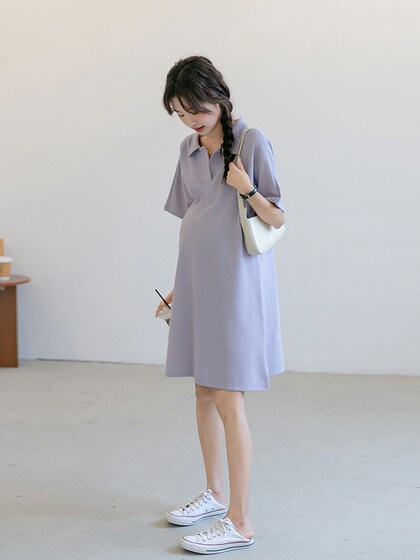 诺初孕妇连衣裙夏季紫色遮肚翻领T恤裙夏装上衣宽松休闲直筒裙子