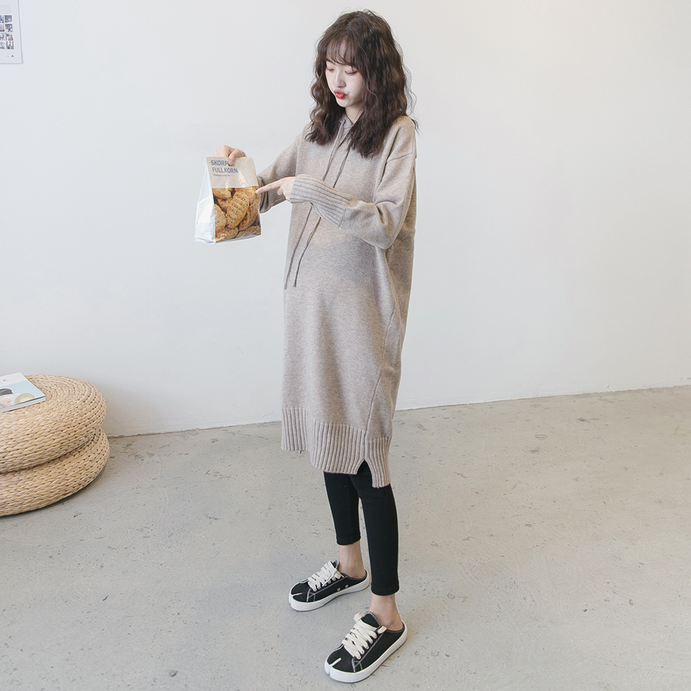 Pregnancy Woman Dress Autumn Winter Sweater Women's Korea Brief Fashion Tandem Hat Knit Skirt Temperament Medium Long Version Foreign Dress