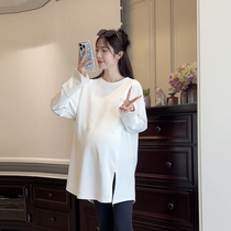 Дизайн рукав рубашки ~ беременная женщина футболка весенняя осенняя блузка корейская версия открытая вилка дисплей стройный круглый воротничок рубашка чистая хлопчатобумага
