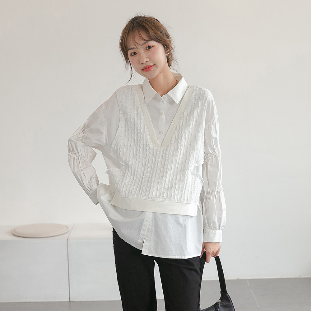 Korean Senior Sensation ~ Pregnant Woman Shirt Spring Autumn Clothing Fashion Small Subknit Horse Chia Splicing White Shirt Jacket