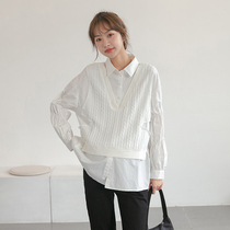 Korean high-end sense ~ maternity shirt spring and autumn fashion small knitted vest white shirt top