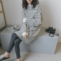 Pregnant women Spring cotton T-shirt dress Korean casual pregnant women sweater women fake two pieces striped pregnant women base shirt