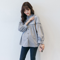 Maternity wear spring and summer wear long-sleeved babydoll shirt fashionable top casual Korean style loose large size trendy mom striped shirt