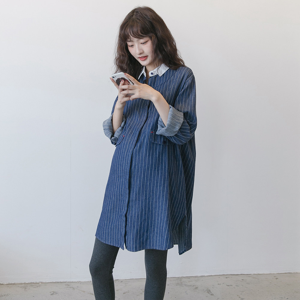Pregnant Woman Shirt Spring Dress With Long Version Loose Striped Blouse Jacket Head Upright Collar Pure Cotton Pregnant Woman Spring Autumn Work Clothes Jacket