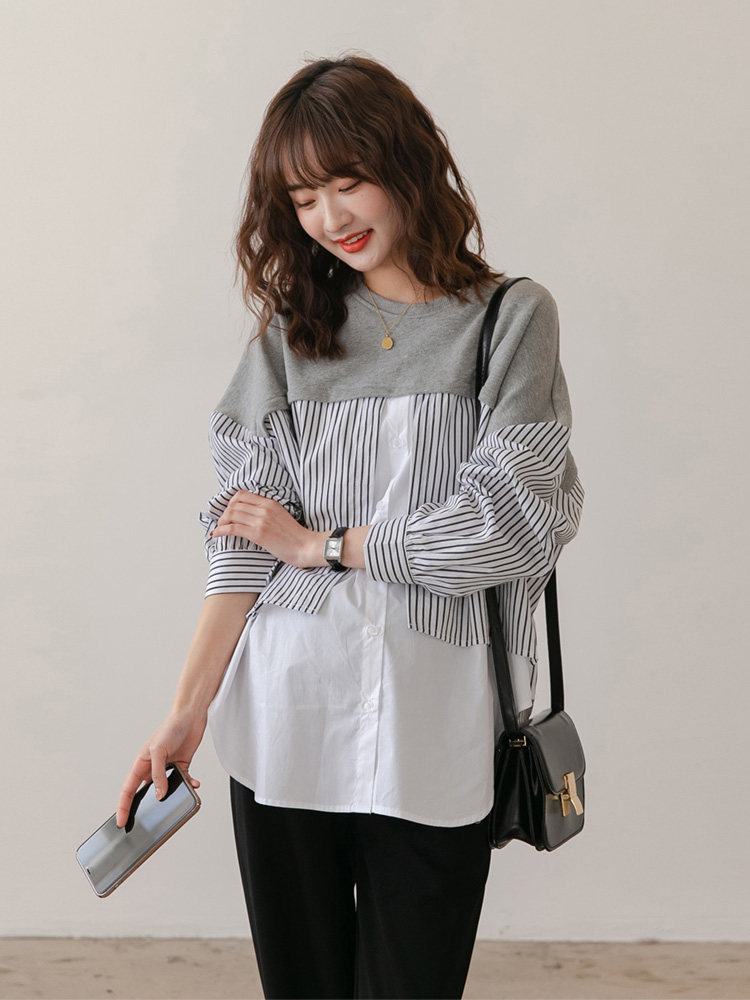 Belgian stripes~Maternity dress Spring and autumn casual fashion sweater shirt Loose and wild top stitching shirt