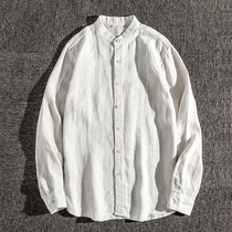 Linen shirt men long sleeve spring and summer loose breathable Chinese collar casual size youth thin cotton linen white shirt