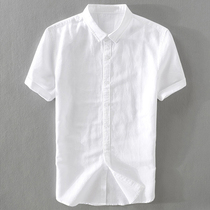 Summer mens linen short-sleeved shirt White thin breathable Korean slim-fit half-sleeve stand-up collar casual cotton and linen shirt