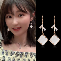 Sterling silver earrings femininity Korean long jewelry 2021 new trendy face thin stud earrings high-grade sense cats eye stone pendant