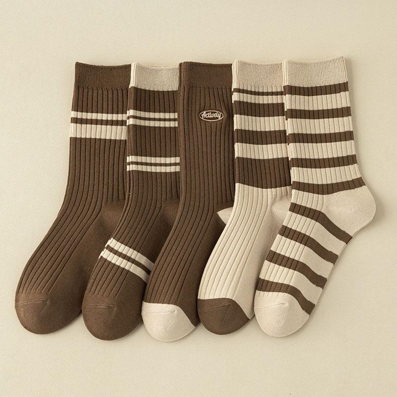 【8 Pairs】Autumn and Winter Socks for Women, Mid-Calf Socks, Korean Style, Melard Color Series, Striped ins Trendy Versatile Long Socks