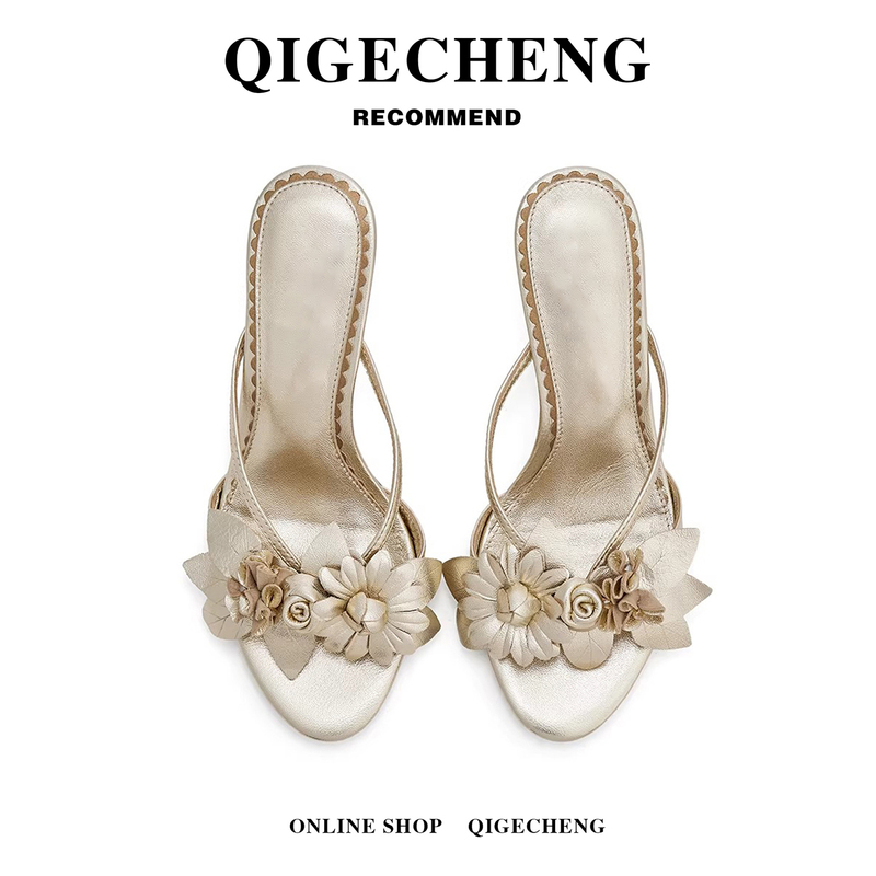 Gold Retro Floral Slippers to Match the Skirt, Women's Summer Style Fashionable Outdoor Slip-On Sandals with Thin Heels and High Heels