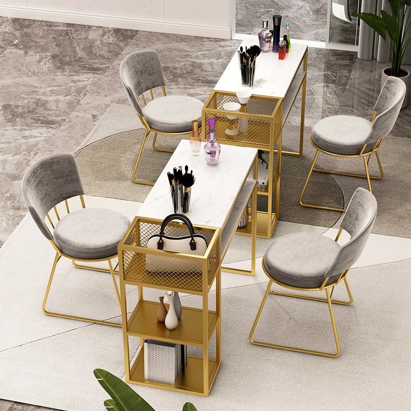 Light luxury marble nail tables and chairs suit Single double nail nail table gold mesh red nail table double iron art